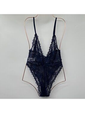 Just Sexy Lingerie NWT Navy Blue Lace Bodysuit with Deep V-Neck Size Medium